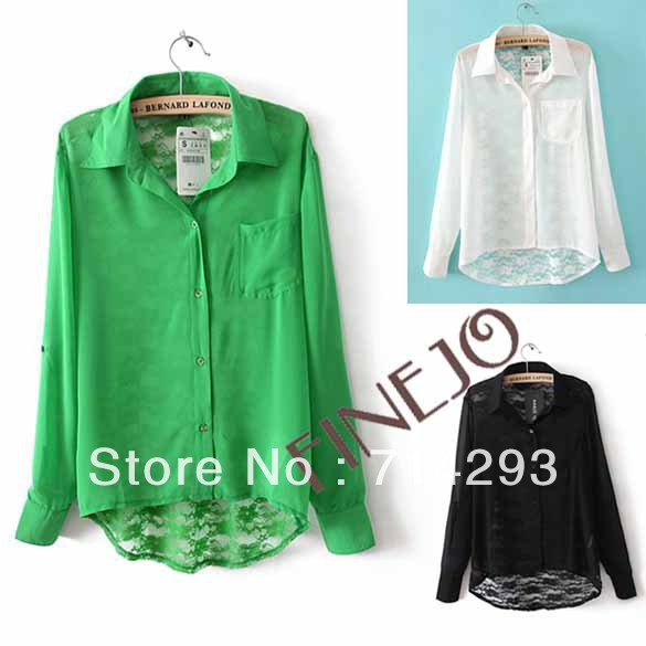 Women's Europe Style Lace Chiffon Shirt Splicing Long Sleeves Blouse Top 3 Colors free shipping 9431