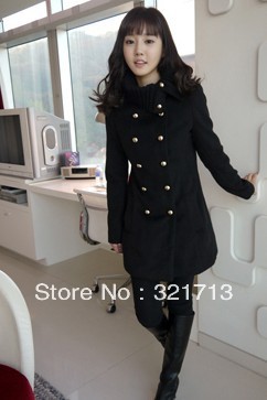 Women's exquisite yarn collar double breasted medium-long wool coat trench outerwear black color cheap price free shipping