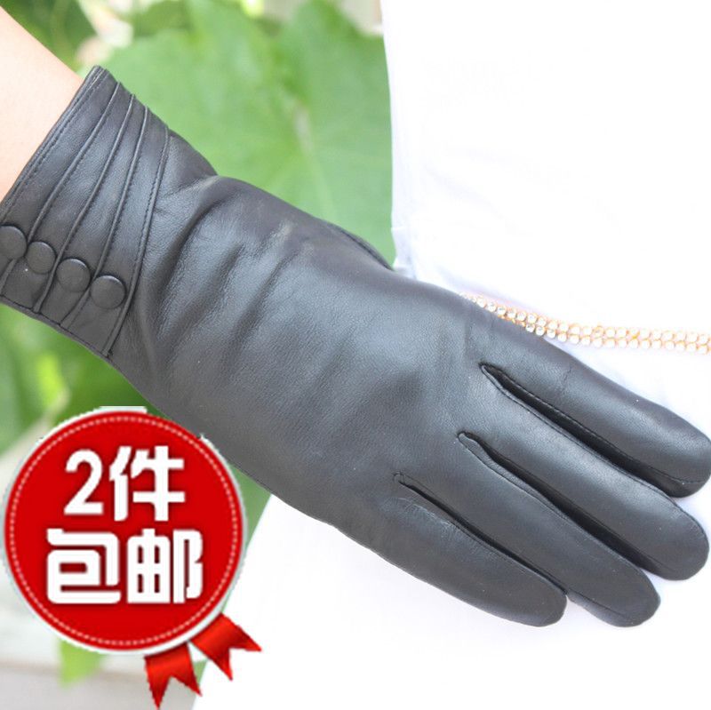 Women's fanghaped button genuine leather gloves thin sheepskin gloves genuine leather female black leather gloves thermal