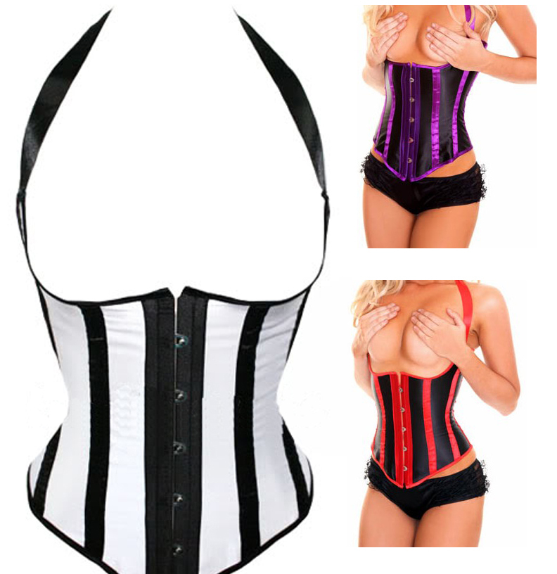 Women's Fantasying Sexy Halter Underbust Boned vertical stripes Corset Bustier Lingerie&Top Size S~2XL