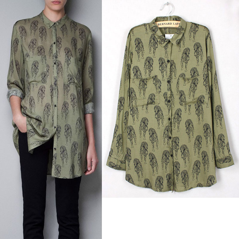Women's Fashion Blouse,Long sleeve Army Shirt Tiger printing,Elegant Casual Brand Design,Free Shipping