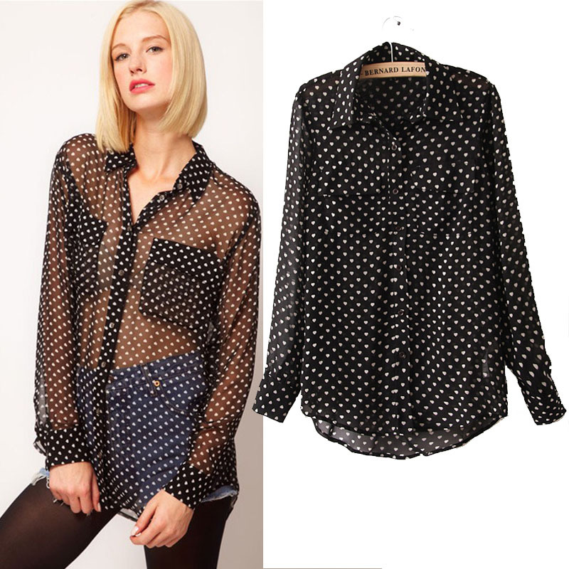 Women's Fashion Blouse,Long sleeve Black Chiffon Shirt Heart printing,Elegant Vintage Casual Brand Design,Free Shipping