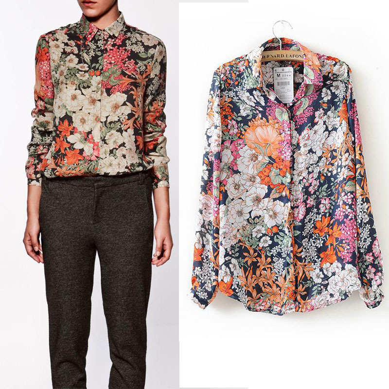 Women's Fashion Blouse,Long sleeve Chiffon Shirt Flower Printing,Vintage Brand Design,Free Shipping