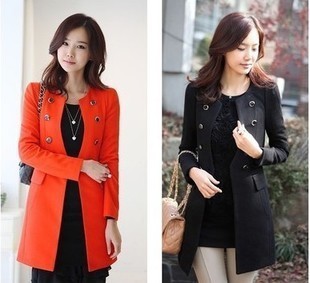 Women's Fashion Clothes Slim Solid Double Breasted O-neck Trench medium-long Outerwear Coat
