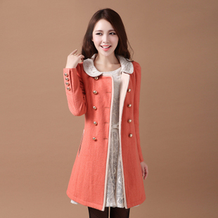 Women`s Fashion Clothes  Wool Coat Slim Double Breasted Pearl Lace O-neck Outerwear Trench