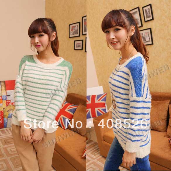 women's Fashion Cute Knitting wool Stripe Loose Pullover Long batwing Sweater Tops free shipping 9166
