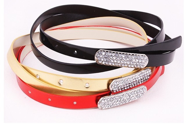 Women's Fashion Diamond Head Thin Skinny Candy Color Waistband Belt Leather Charm Girdle Crystal Rhinestone Strap