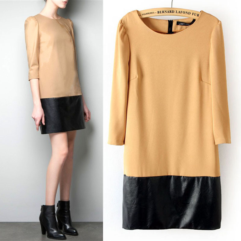 Women's Fashion Dress, Half Sleeve PU Leather Patchwork Dresses Free Shipping