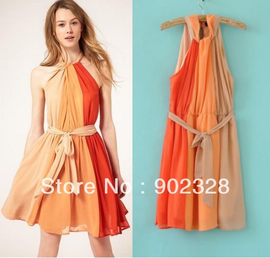 Women's Fashion dress, Three Color Patchwork Pleated,Tie Neck Dresses Free Shipping