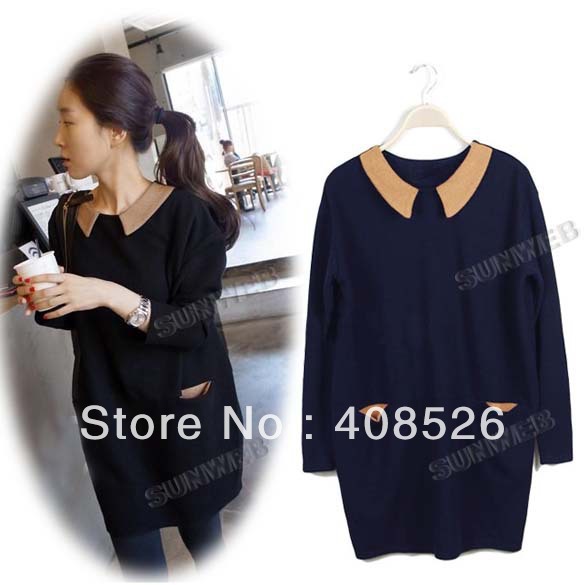 Women's Fashion Elegant Casual Ruffled Collar Loose Long Sleeve Dress 2 Colors Free shipping 9003
