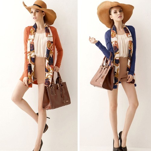 Women's Fashion Elegant Shadow Color Printed Scarf Patchwork Outerwear Jacket Coat