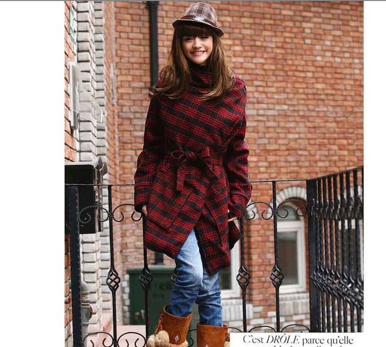 women's fashion handsome plaid oblique hasp elegant long design woolen overcoat outerwear,free shipping.