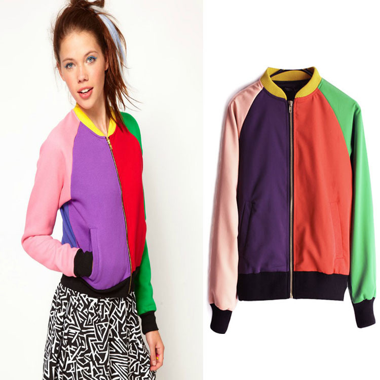 women's fashion handsome stand collar colorant match color block jacket coat wt-026