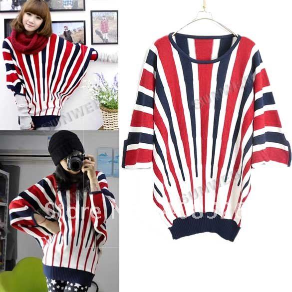 Women's Fashion Knitting stripe Batwing sleeve Loose sweaters free shipping 6370