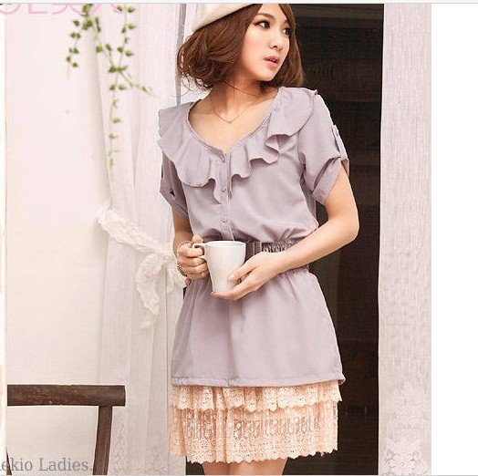 Women's Fashion Lotus Collar Elastic Waist Chiffon Blouse Purple HD12042552