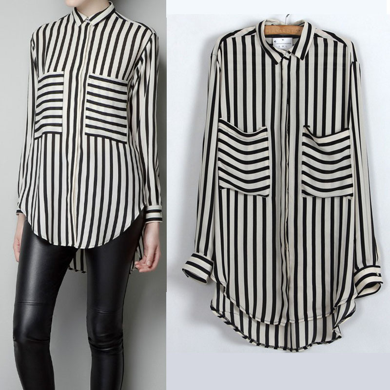 Women's Fashion OL Blouse,Long sleeve Black stripe Shirt Big Pocket, Elegant Casual Slim Brand Design,Free Shipping