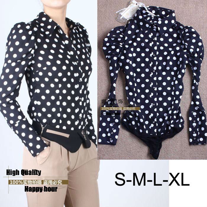 Women's Fashion polka dot puff sleeve long-sleeve one piece shirt chiffon blouse SY0053 free shipping