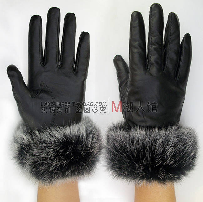 Women's fashion rabbit fur sheepskin gloves cold thermal genuine leather thin cotton gloves 2013