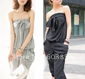 Women'S  Fashion Sleeveless bowknot Romper Strap Short Jumpsuit  free shipping BLACK/GRAY M/L