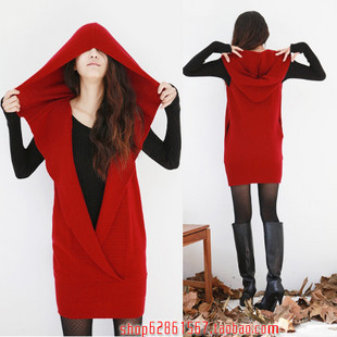 Women's fashion Spring and autumn  deep v neck hooded medium-long slim  vest skirt knitted wear sweater