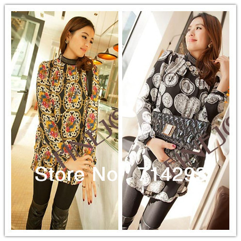 Women's Fashion Stand Collar Printing Long Chiffon Shirt Blouse Tops 2 Colors Free shipping 10122