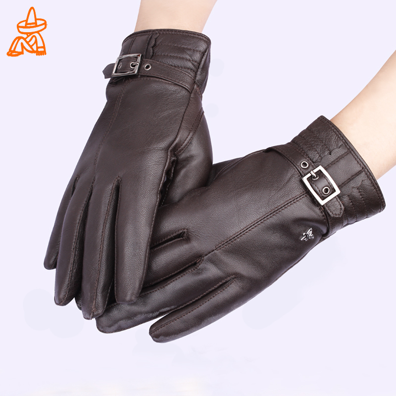 Women's fashion strap sheepskin winter cycling gloves genuine leather plus velvet