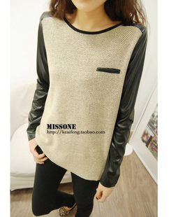 Women's fashion street style twisted cotton patchwork leather slim o-neck long-sleeve T-shirt