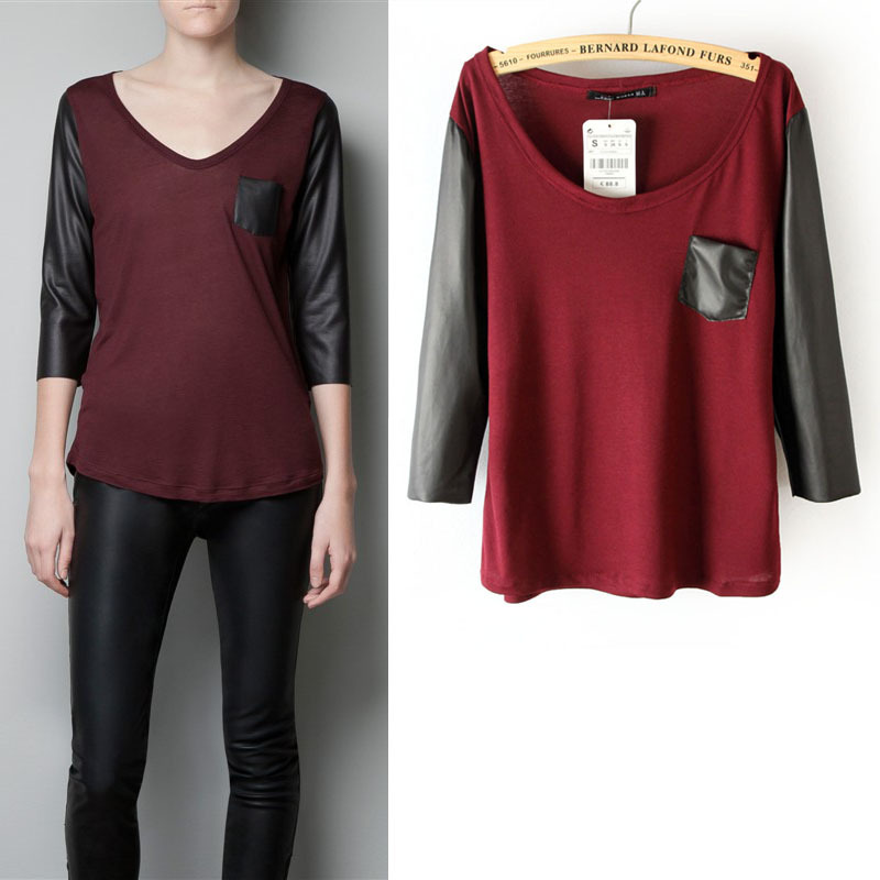 Women's Fashion T shirt ,PU Leather Patchwork Long Sleeve T shirt,Elegant Casual Brand Design,Free Shipping
