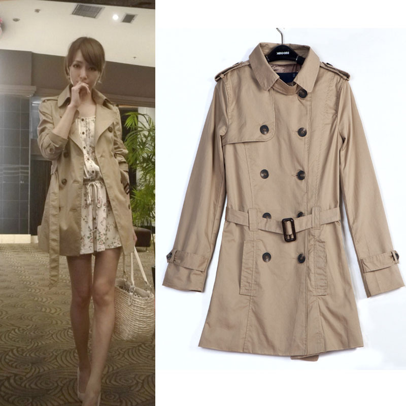Women's Fashion Trench overcoat, Khaki Double Breasted Long sleeves Overcoat Free Shipping