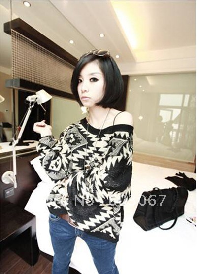 Women's fashion vintage national trend geometry crochet loose sweater female short design plus size