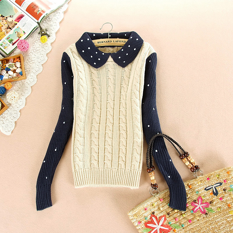 Women's fashion vintage sweet peter pan collar polka dot twisted pullover sweater loose