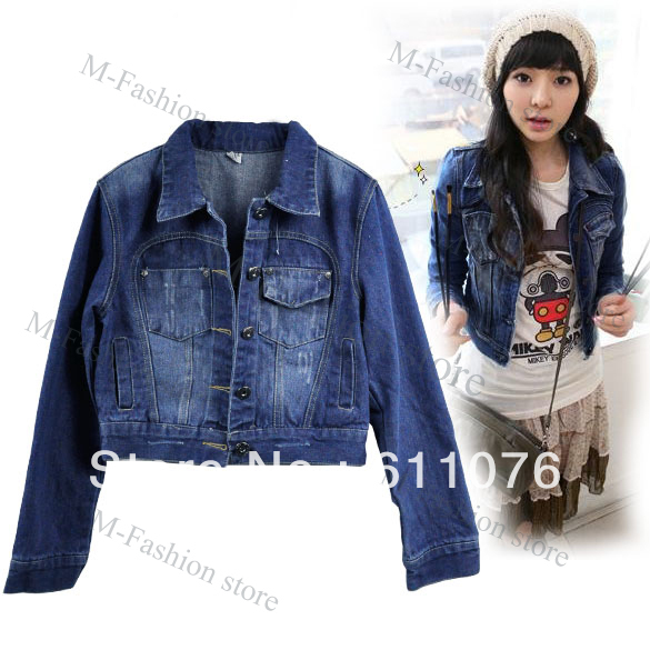 women's fashion women's jean denim jacket outwear Long Sleeve Short Coat Size-S/M/L blue Free shipping 7403
