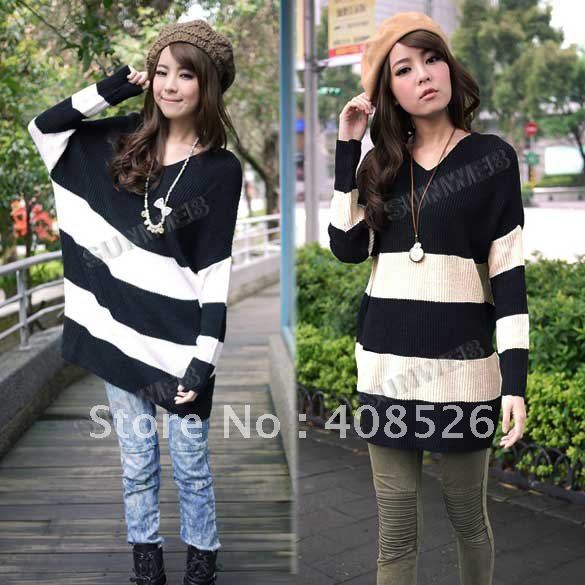 Women's Fashion wool V-Neck stripe Batwing sleeve Loose sweaters 2 Colors free shipping 7703