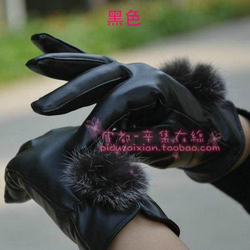 Women's faux leather rabbit fur gloves winter thermal fleece lined thickening rabbit fur ball