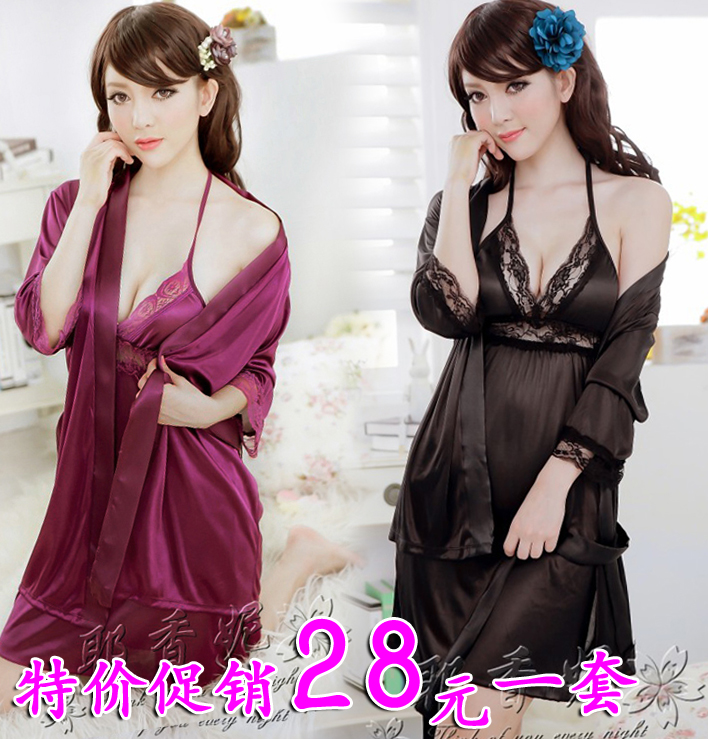 Women's faux silk temptation cardigan robe bathrobes nightgown twinset sexy translucent sleepwear nightgown