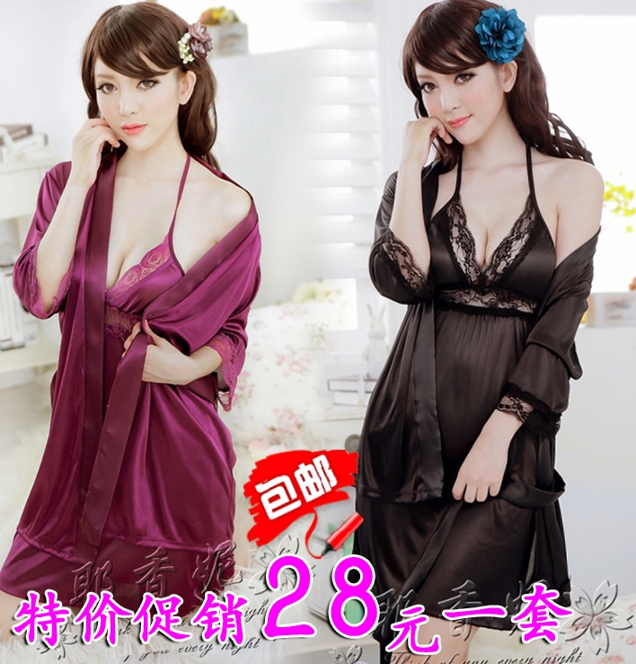 Women's faux silk temptation cardigan robe bathrobes nightgown twinset translucent sexy sleepwear