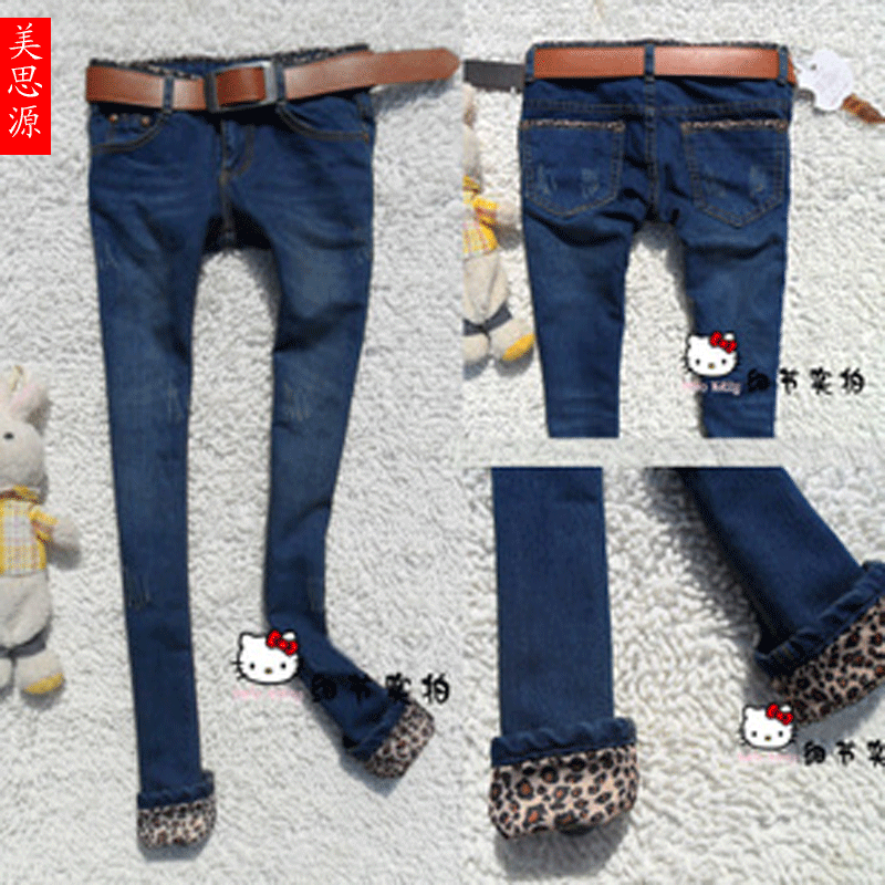Women's female jeans leopard print roll-up hem skinny pants pencil pants trousers water wash jeans ky8101