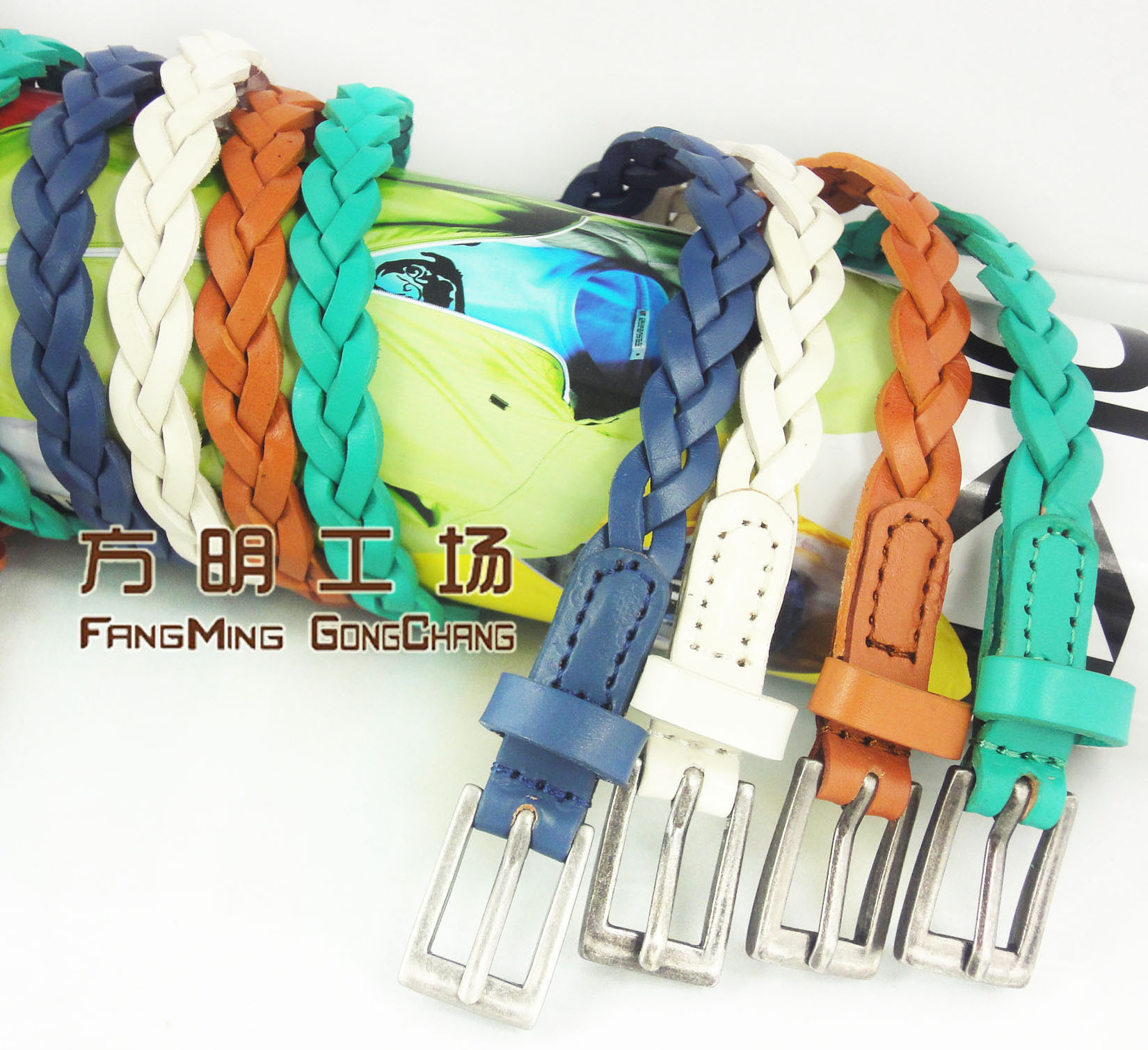 Women's genuine knitted leather thin belt candy color sweet all-match accessories cowhide belt white green
