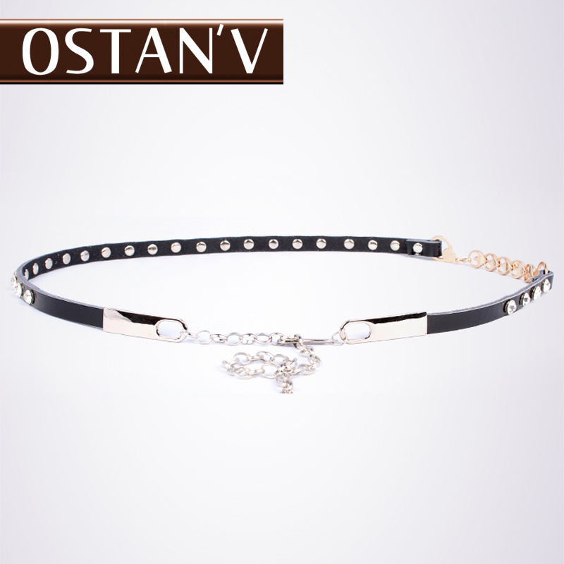 Women's genuine leather belly chain fashion decoration belt first layer of cowhide double diamond buckles