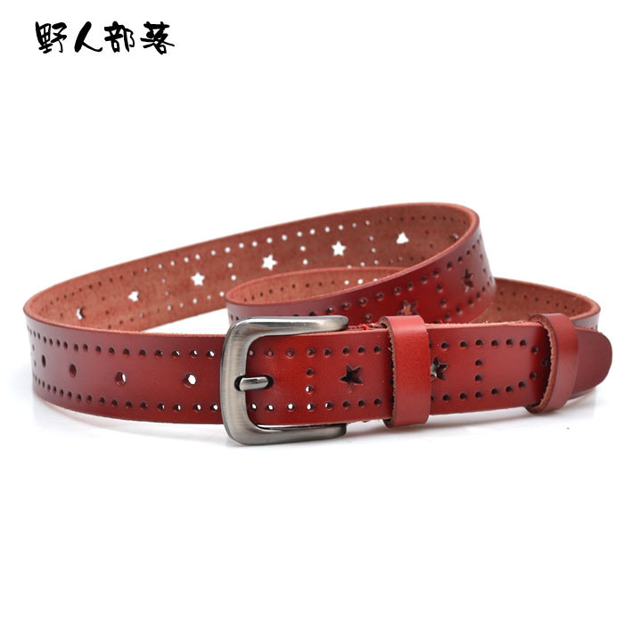 Women's genuine leather cutout flower cowhide casual strap 6095