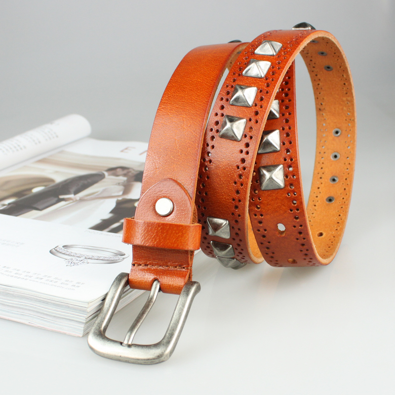 Women's genuine leather genuine leather rivet cutout Women thin belt fashion all-match decoration
