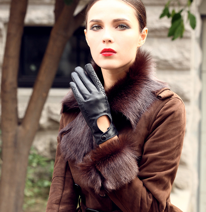 Women's genuine leather gloves cutout handmade sheepskin knitted leather gloves Women sheepskin genuine leather gloves winter
