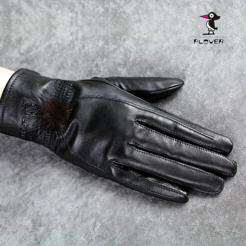 Women's genuine leather gloves mink ball sheepskin gloves single leather winter gloves thin