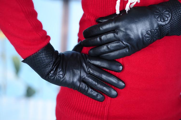 Women's genuine leather gloves sheepskin embroidered medium-long thermal
