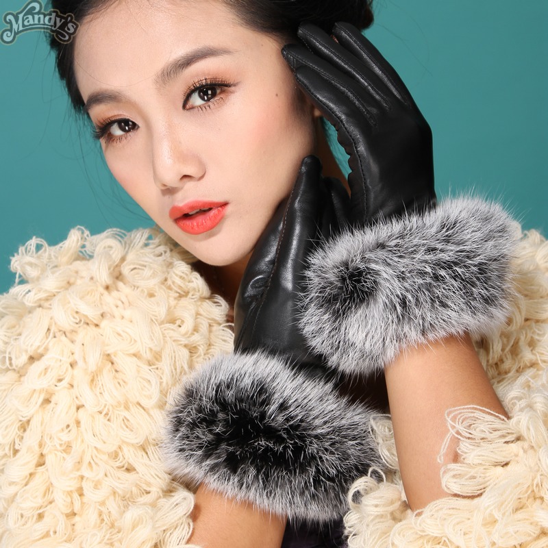 Women's genuine leather gloves sheepskin gloves women's thermal winter rex rabbit hair gloves 31