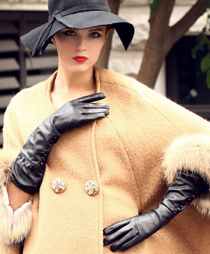 Women's genuine leather gloves ultra long section of leather gloves button elastic rib top Women winter thermal leather gloves