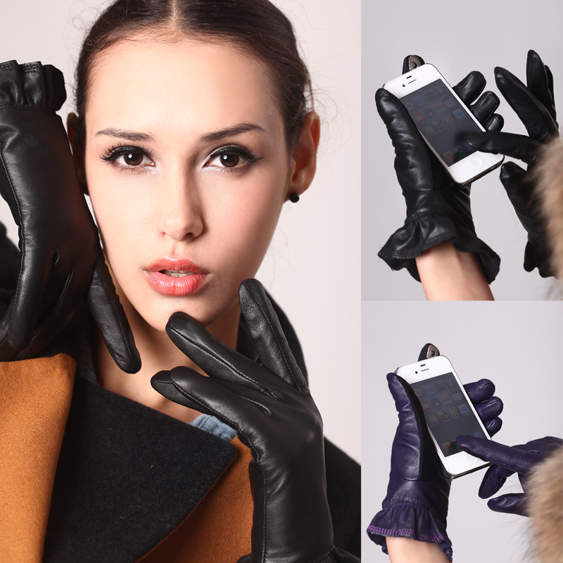 Women's genuine leather gloves winter thickening looply gloves touch screen laciness black purple