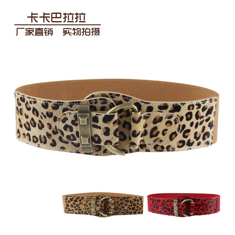 Women's genuine leather horse hair leopard print ubiquitous1 silveryarn flash elastic strap belt cummerbund