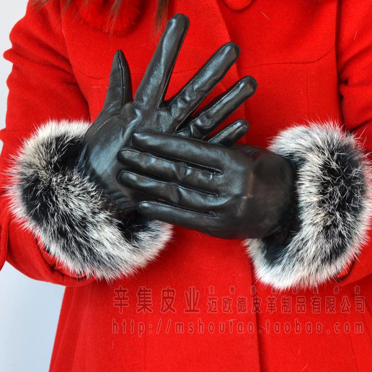 Women's genuine leather large rabbit fur gloves thermal winter leather gloves Women sheepskin gloves