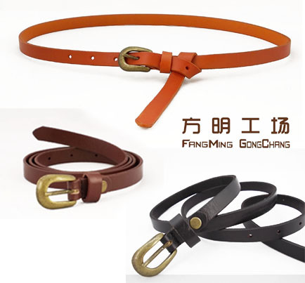 Women's genuine leather long design thin belt vintage needle agings strap orange tieclasps cattle black claretred